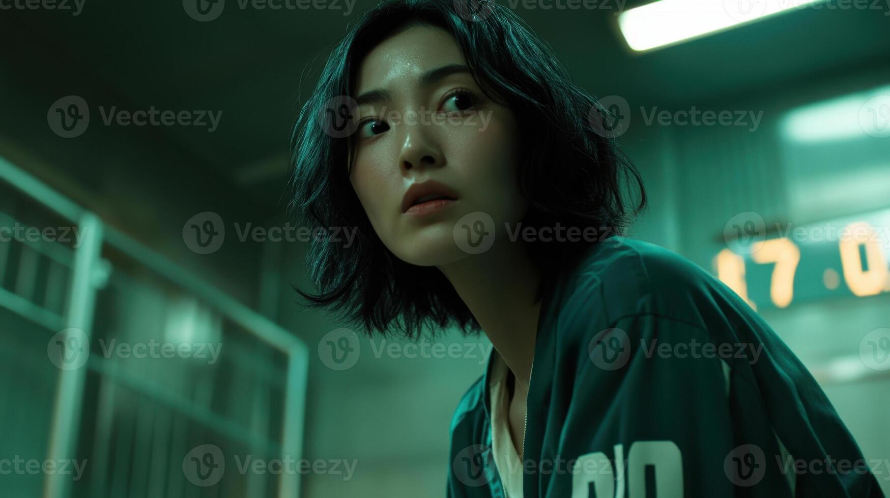 Young asian woman feeling scared in futuristic prison cell photo