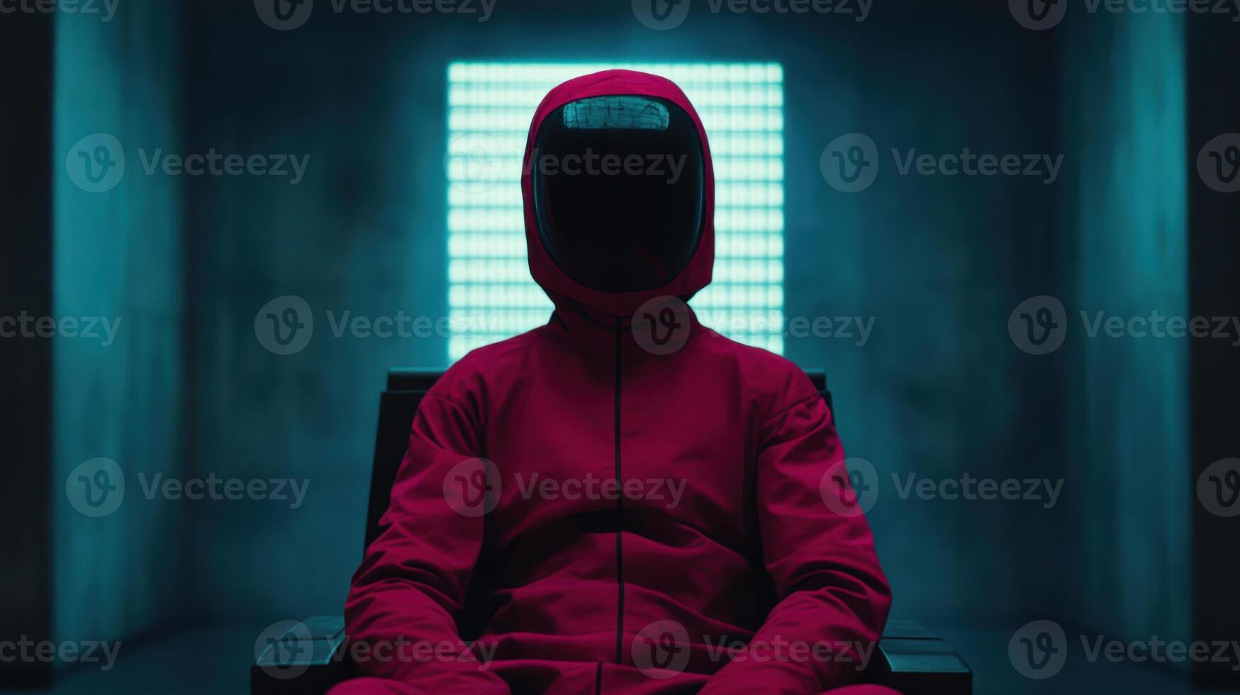 Guard wearing red overalls and helmet sitting in futuristic prison cell photo