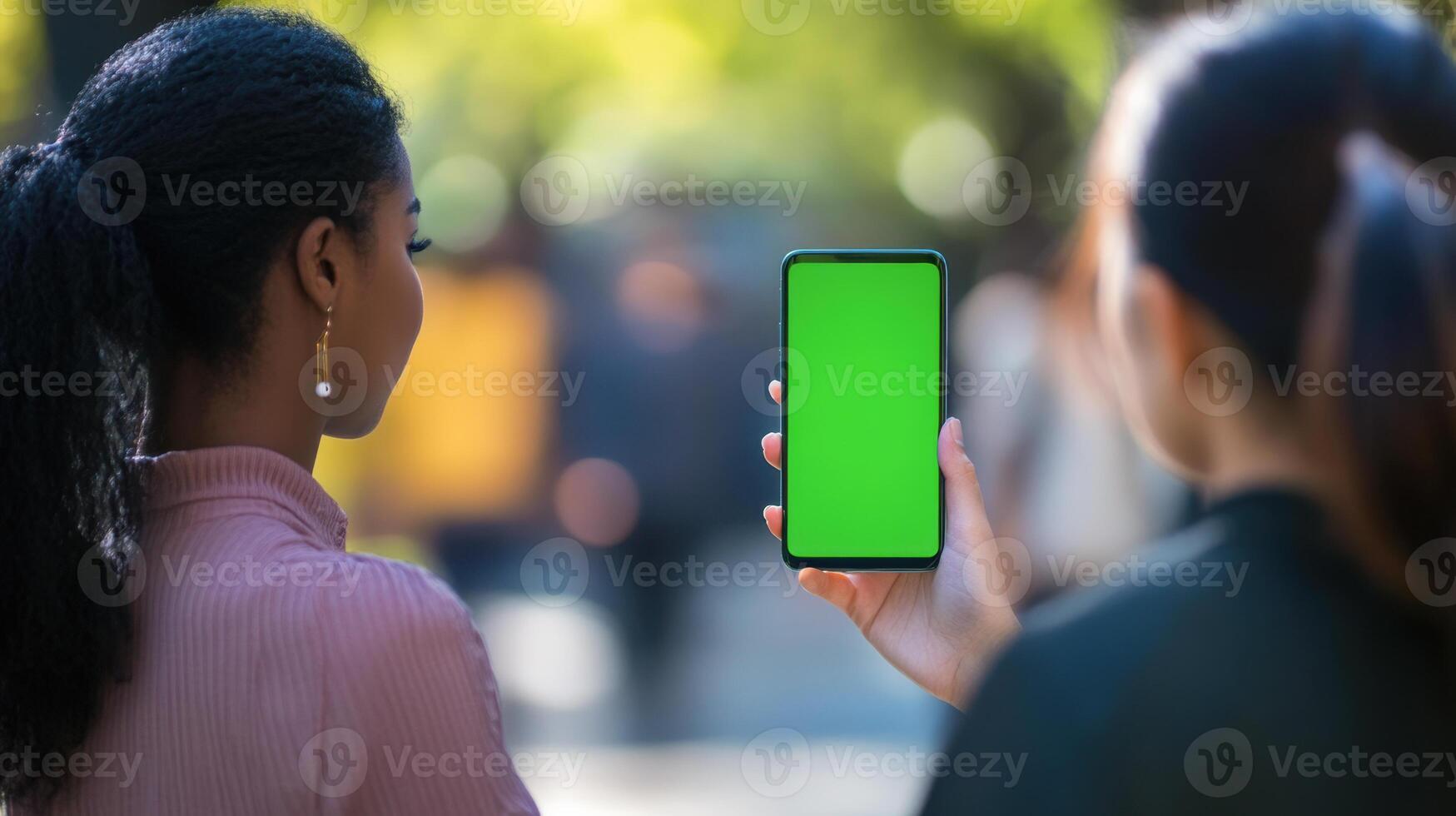 Two businesswomen watching green screen smartphone outdoors photo