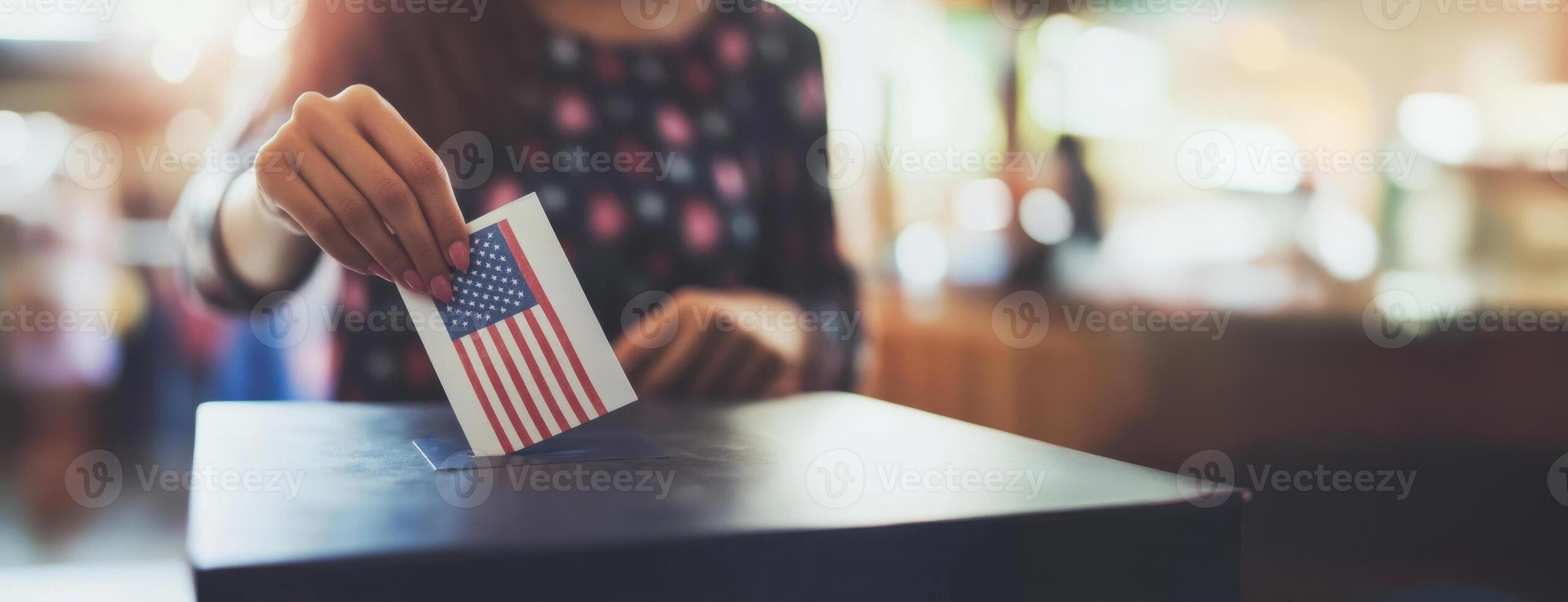 Woman voting in united states election, inserting ballot in box photo