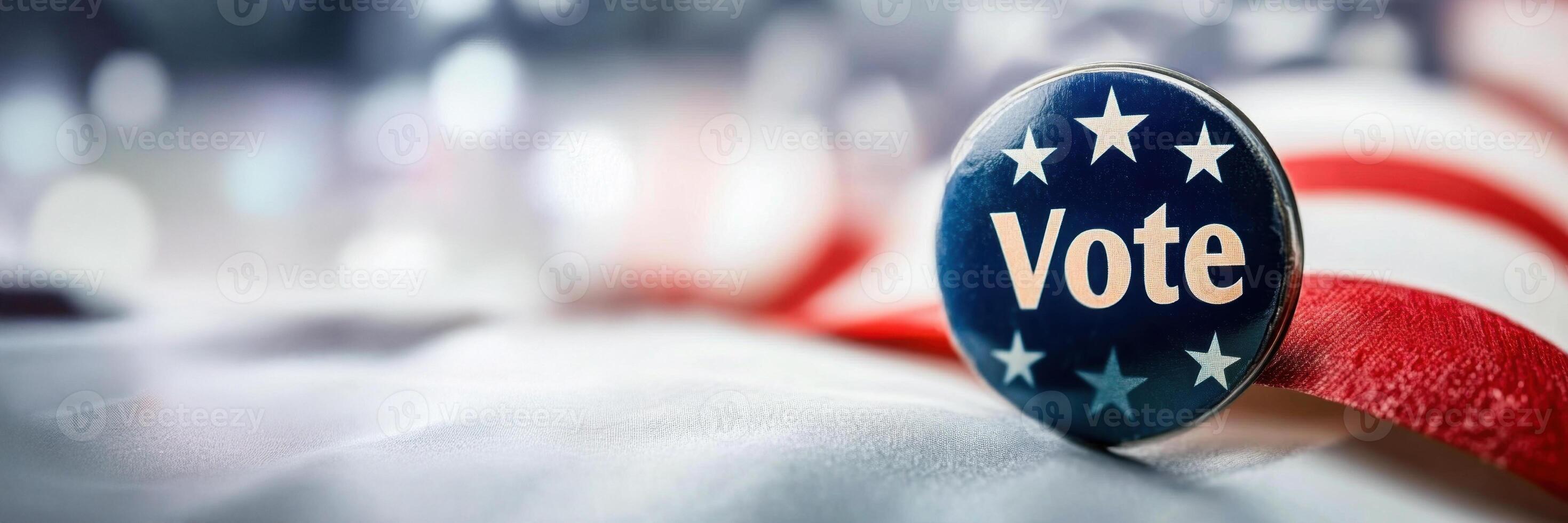 Vote button lying on american flag encouraging civic participation photo
