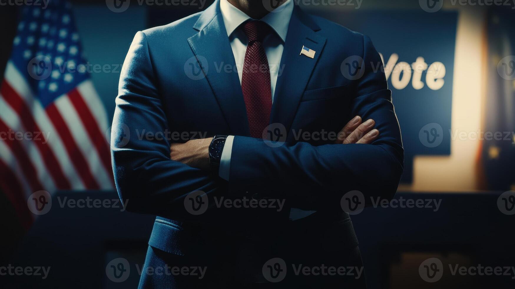 Politician crossing arms in front of united states flag and vote sign photo