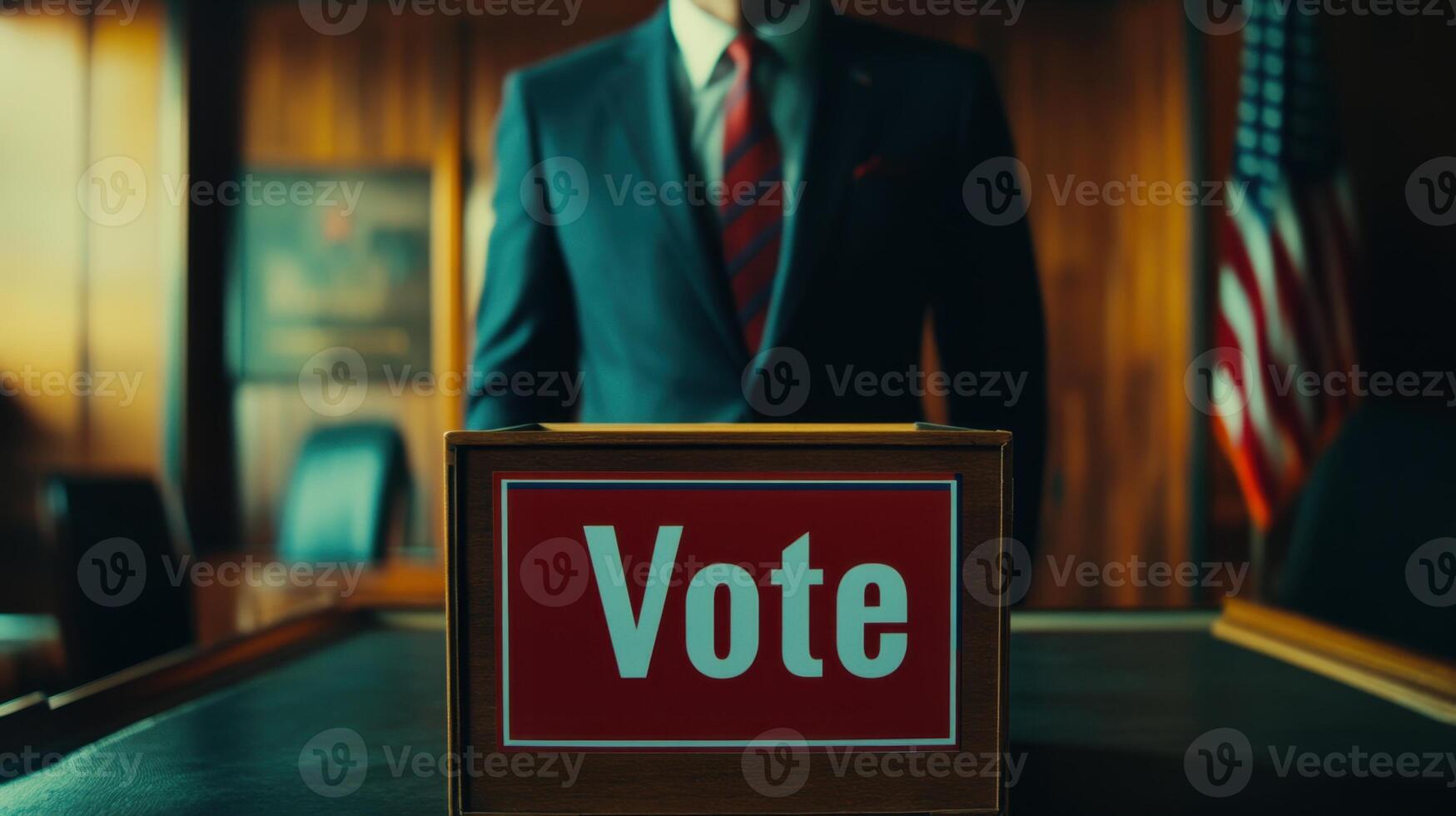 Politician standing behind vote box in government office photo