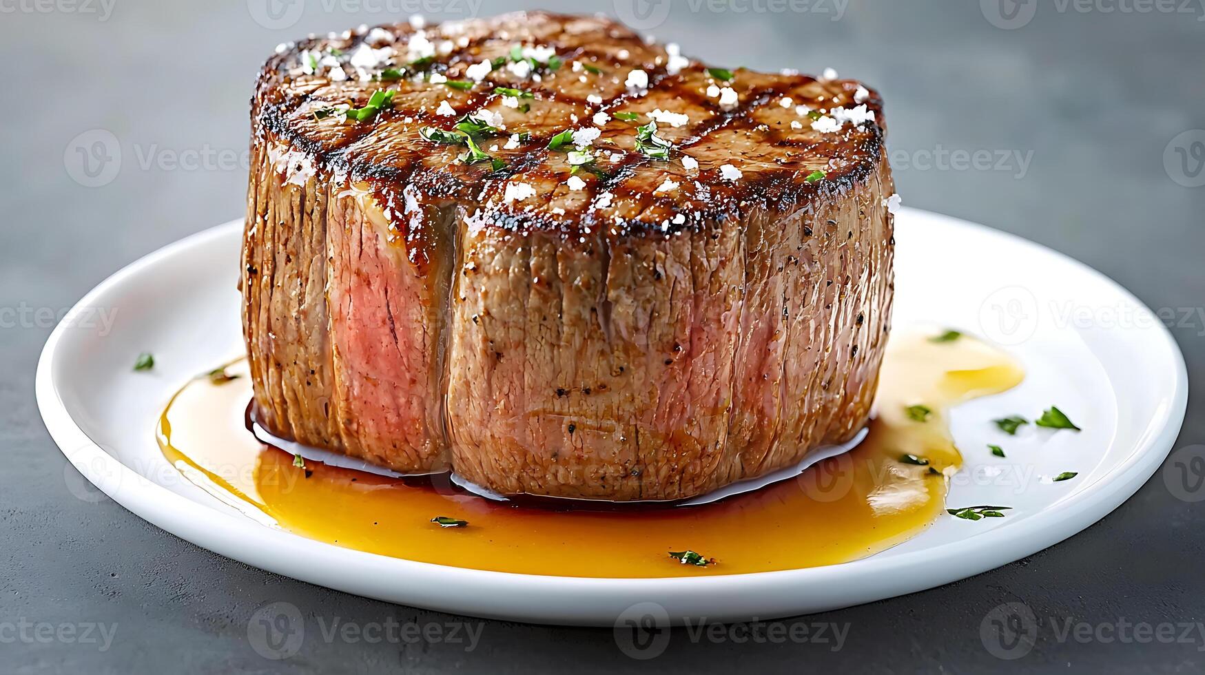 High sodium meals. Juicy steak with salt crust and herbs on white plate, showcasing its tender texture and rich flavors photo