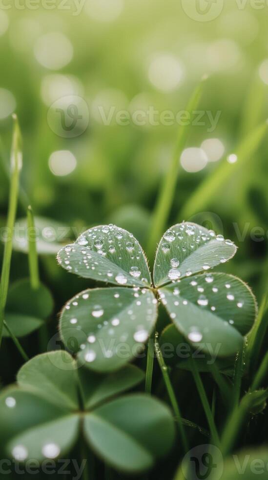 Close up of dewdrops on clover leaf, creating serene atmosphere photo
