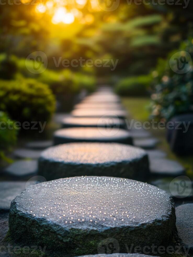 Dew covered stepping stones in tranquil Japanese garden at sunset photo
