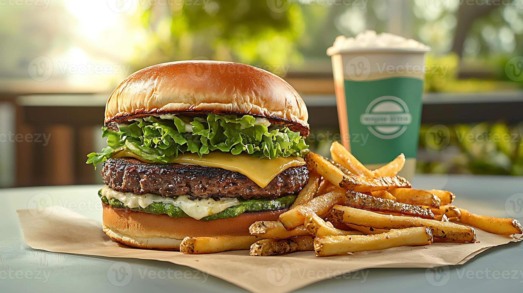 High sodium meals. Juicy burger with cheese, lettuce, and fries on table, accompanied by drink. setting is bright and inviting, perfect for delicious meal photo
