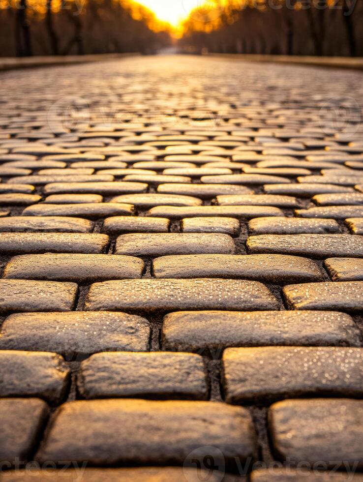 Dew covered cobblestones glisten in quiet park path at dawn photo