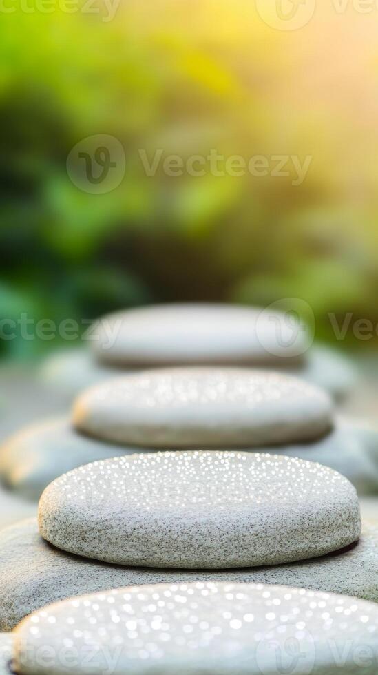 Dew covered stepping stones create tranquil path in serene garden photo