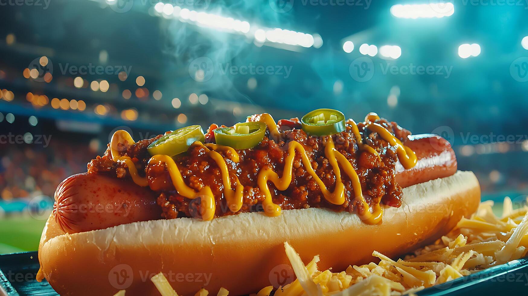 High sodium meals. loaded hot dog topped with chili, cheese, and jalapeno is served at stadium, creating mouthwatering and vibrant scene under bright lights photo