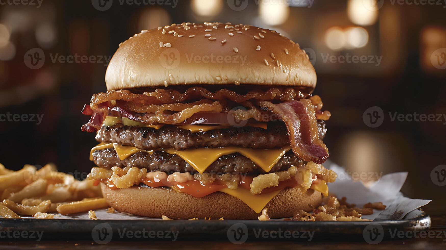 High sodium meals. giant, greasy burger with layers of bacon, cheese, and beef patties, served with crispy fries, creates mouthwatering and indulgent meal photo