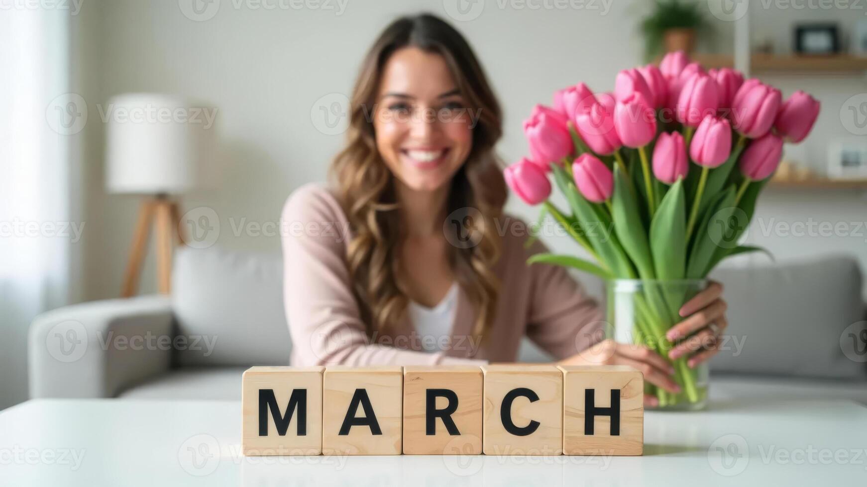 Wooden calendar with date MARCH 8 against background of young woman with bouquet of tulips. photo
