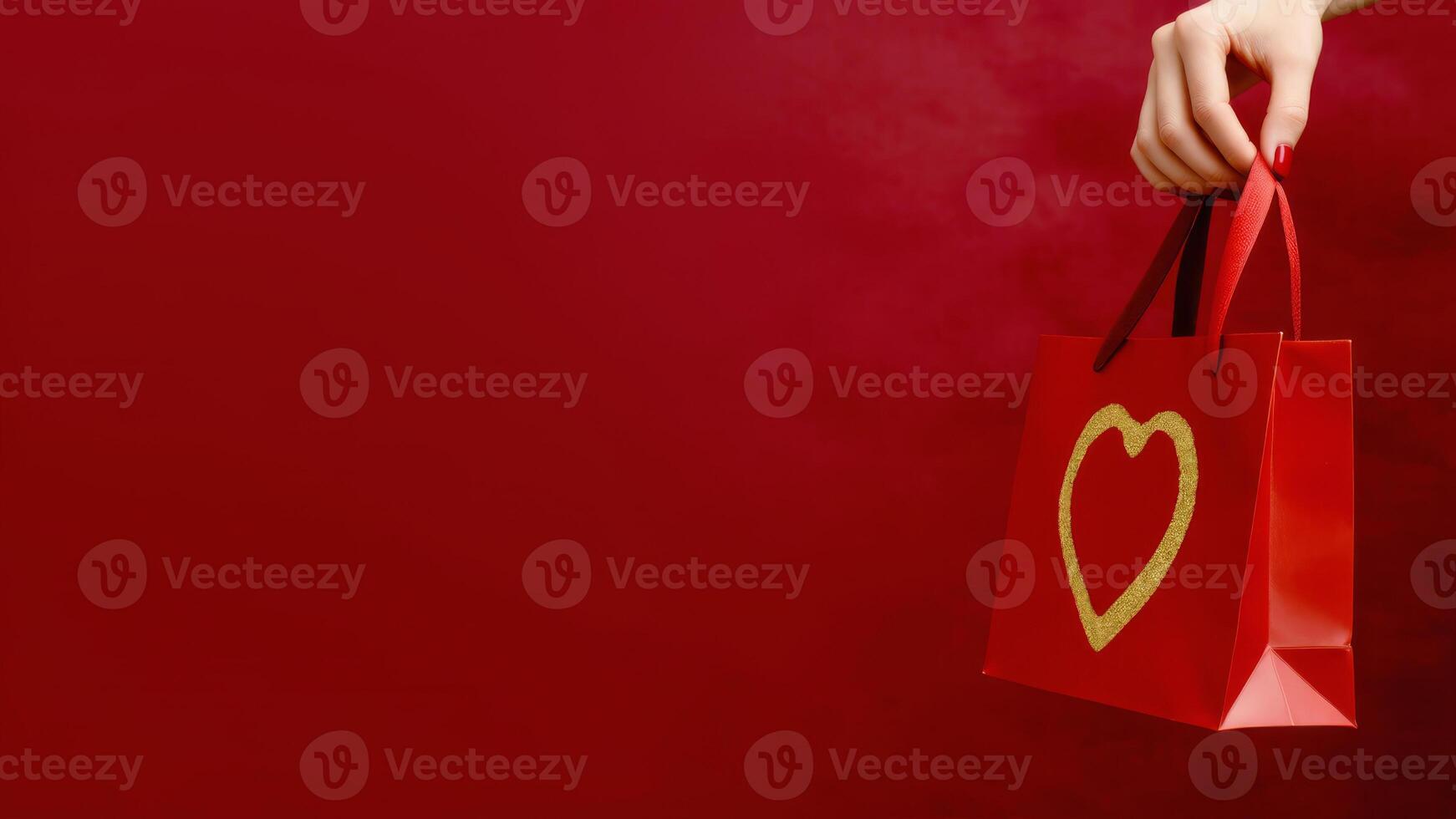 Female hand holding red paper bag with heart shape on red background. Valentine's Day concept. photo