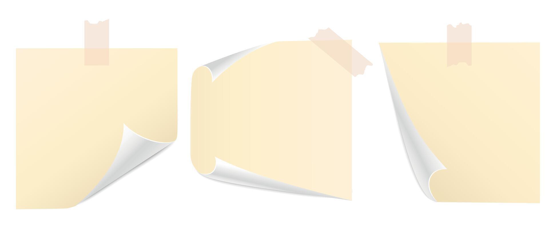 Paper Yellow Stickers, Blank Note Papers, Blank Adhesive Sticker, Curved Corner, Tape, Isolated vector