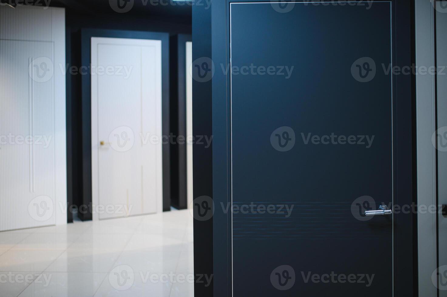 The samples of various wooden doors in the exhibition area of a store photo
