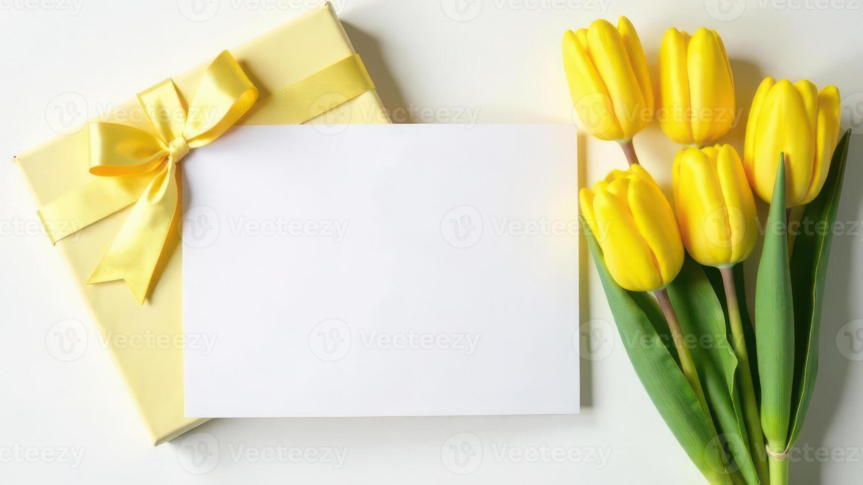 Yellow tulips and gift box with blank card on white background photo