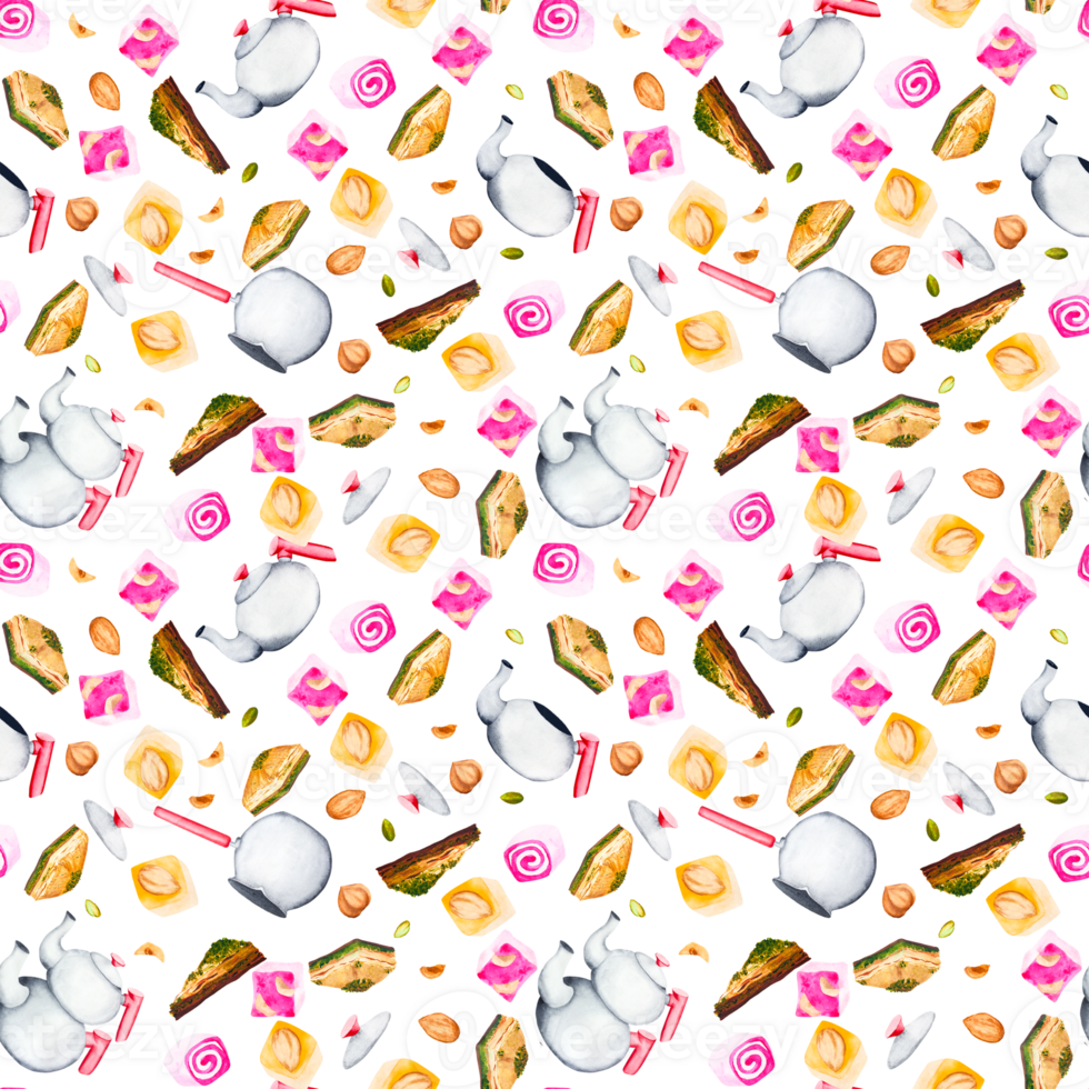 Turkiye and sweets. Watercolor seamless pattern on an isolated background. Can be used for your designs png