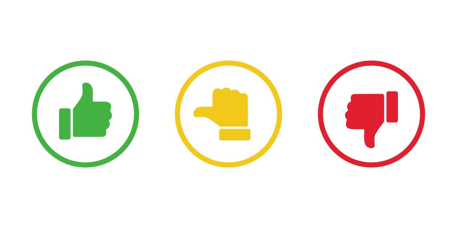 Like, neutral, and dislike hand icon on circle outline. Thumb up, middle, and down color sign symbol vector