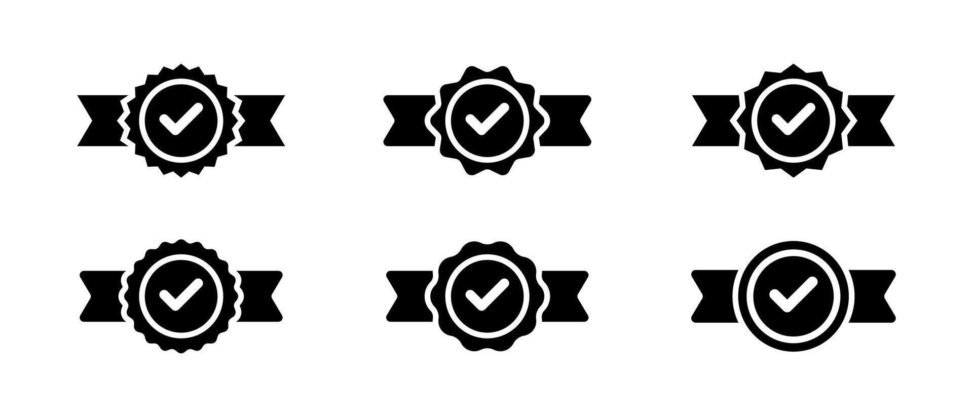 Medal ribbon with check mark icon set collection. Quality warranty, certification sign symbol vector