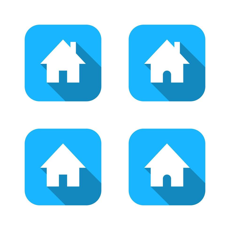 House, home icon set with long shadow. Homepage sign symbol on blue square vector