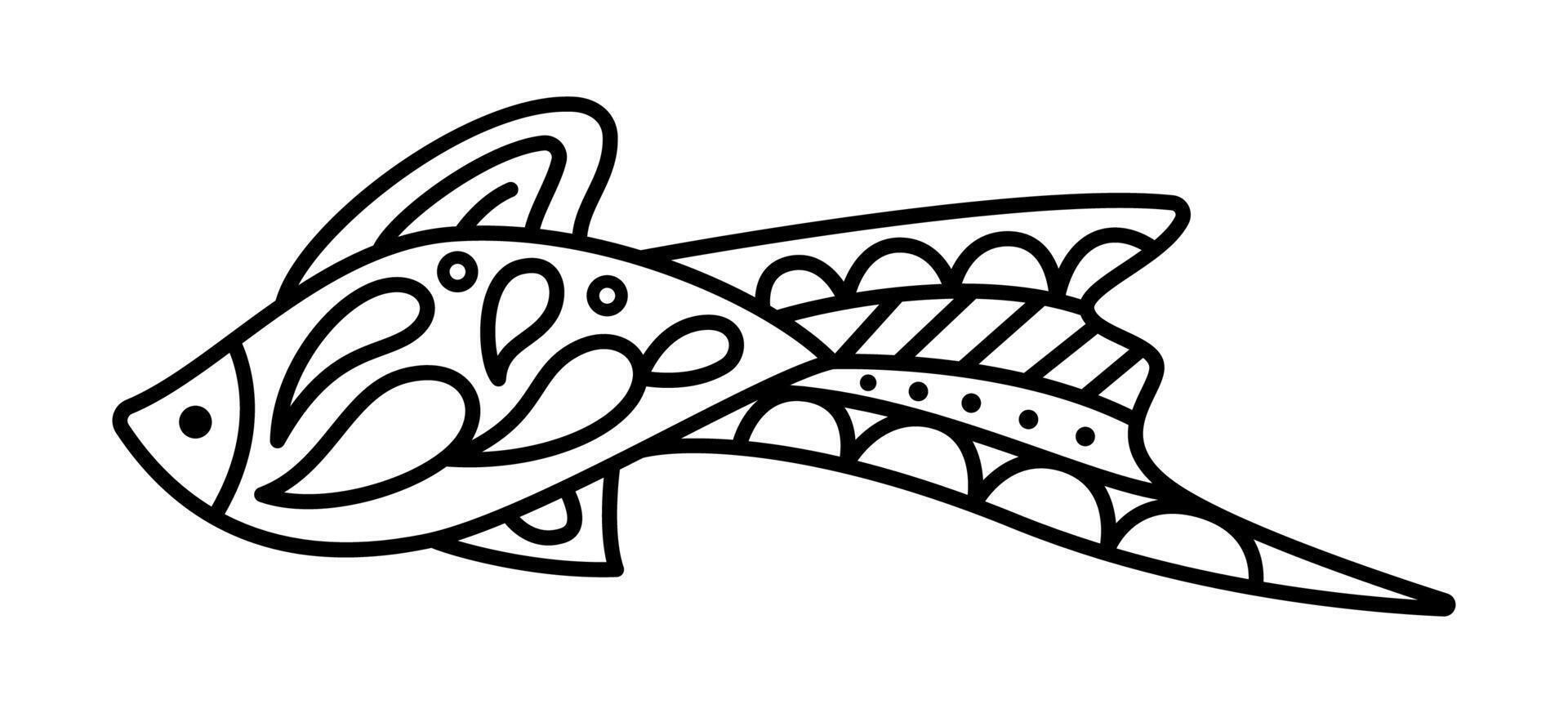 Hand drawn linear fancy fish isolated on white background. Bold coloring page for kids vector