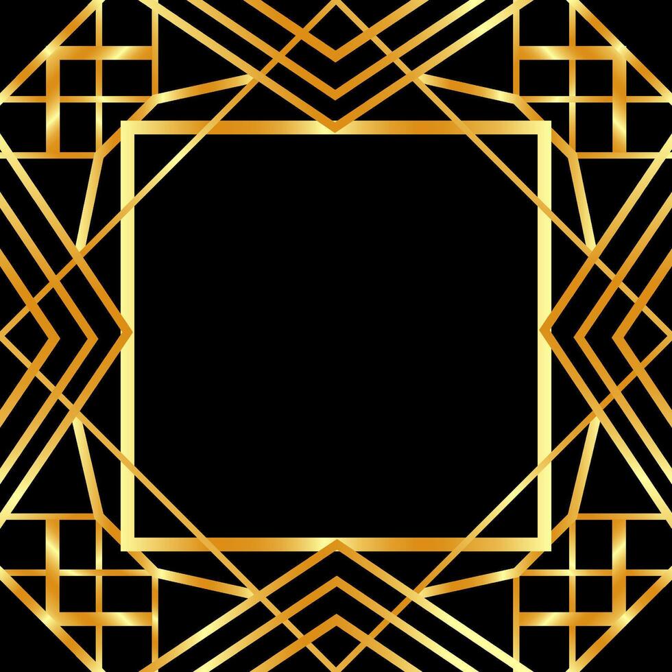Golden decorative linear empty frame. Art Deco square line art border for social media, post card, banner on black vector