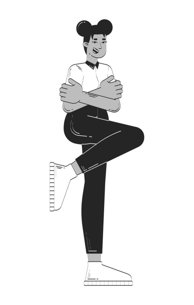 Smiling black woman arms crossed with one leg against wall doodle linear character. African american female confident 2D outline person isolated. Hand drawn drawing illustration monochrome vector