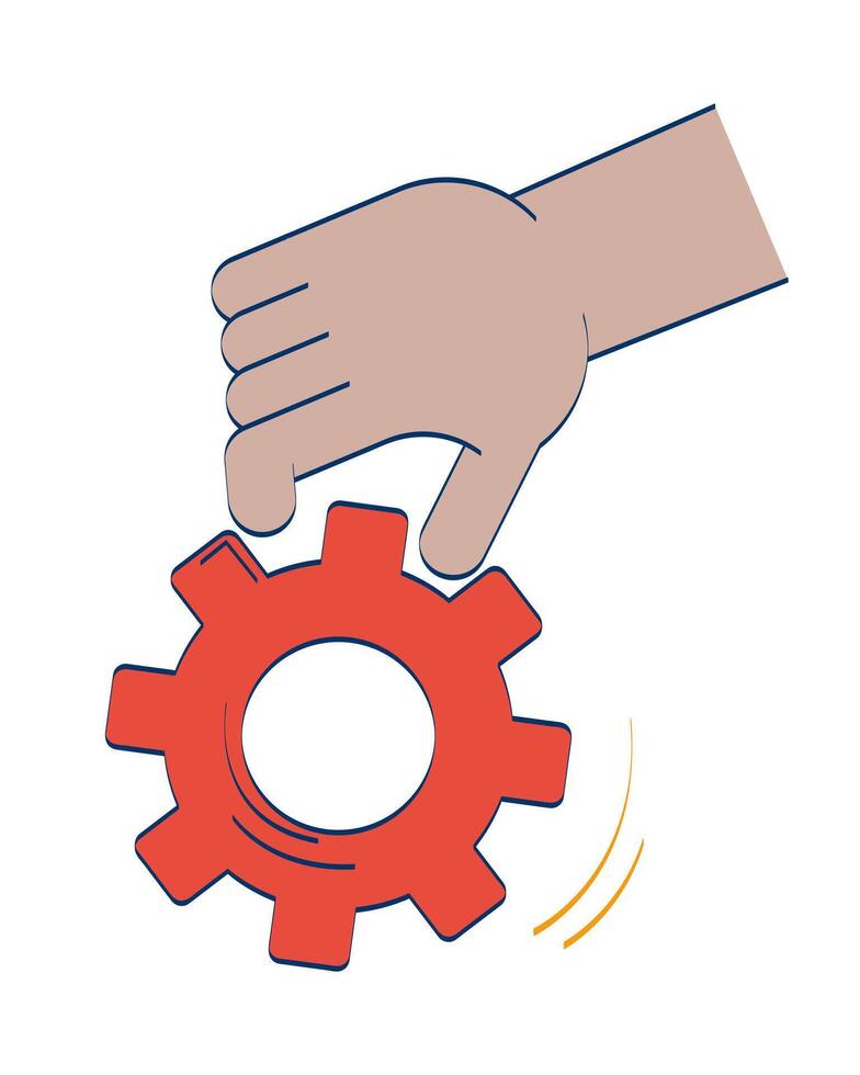 Hand holding gear with motion lines doodle cartoon illustration. Problem solving. Engineering cog cogwheel. Mechanism 2D drawing isolated on white background. Editable hand-drawn clipart vector