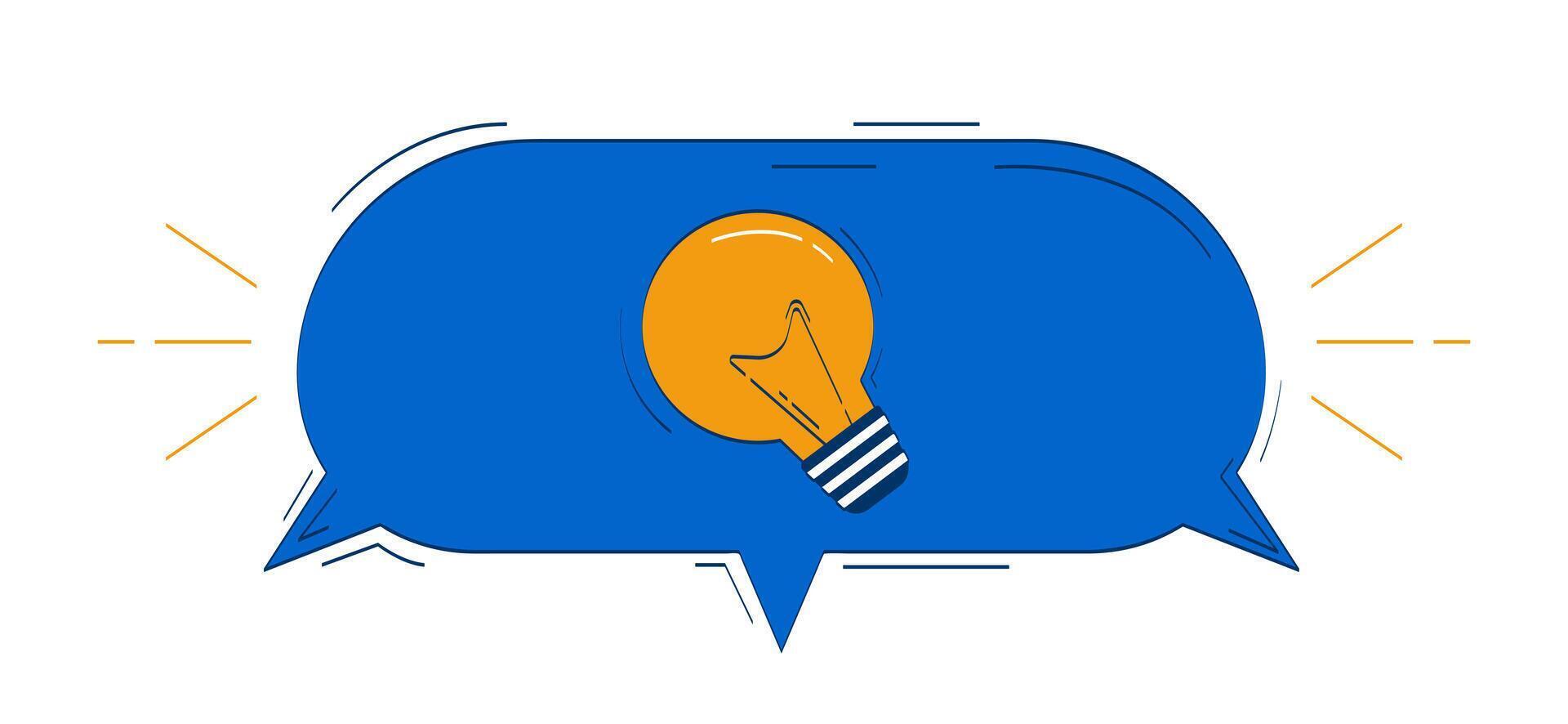 Light bulb enclosed within speech bubble 2D doodle object. Creativity, innovation, bright ideas. Lightbulb cartoon element flat clipart isolated on white background. Hand drawn illustration vector