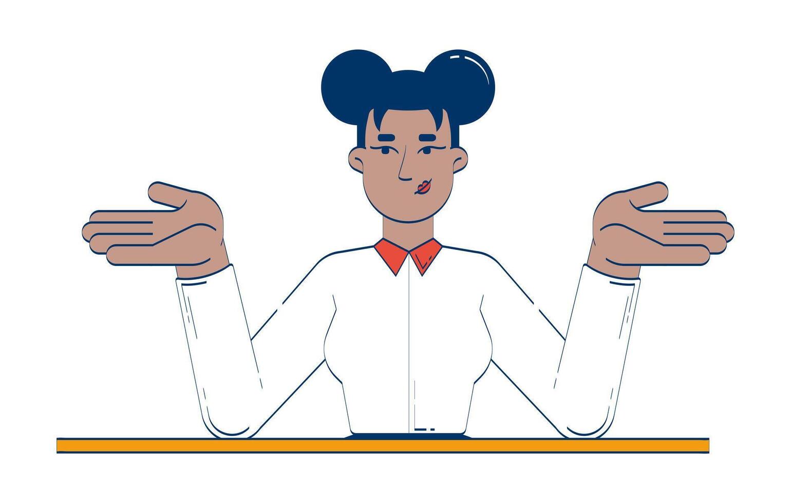 Business casual black woman gesturing openly in white shirt 2D doodle character. African american office worker shrugging cartoon person drawing isolated on white. Hand drawn illustration vector