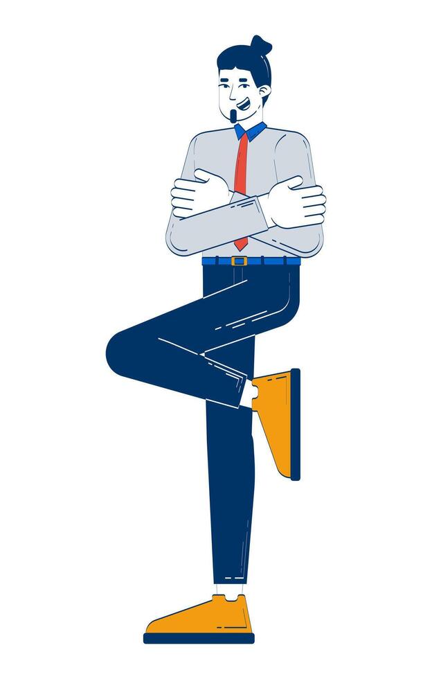 Caucasian bearded man leaning on wall with one leg in business attire 2D doodle character. Employee relaxed attitude cartoon person drawing isolated on white. Hand drawn illustration colorful vector