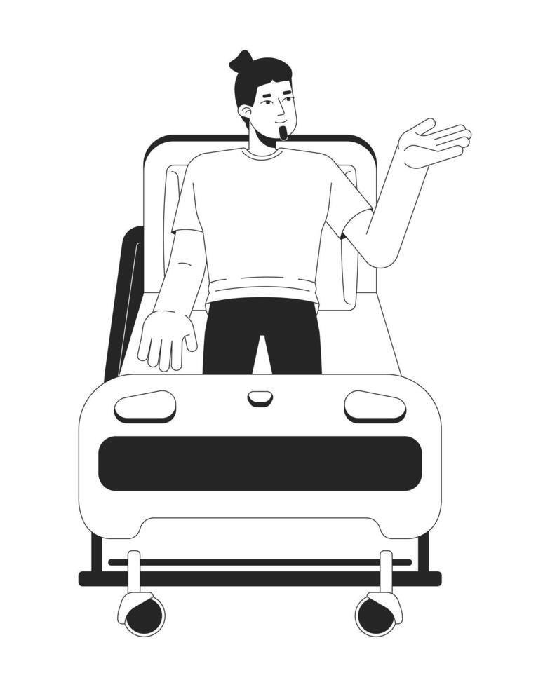 Male patient sitting upright on hospital bed black and white 2D line character. Medical recovery process. Inpatient man caucasian isolated outline person. Monochromatic spot illustration vector
