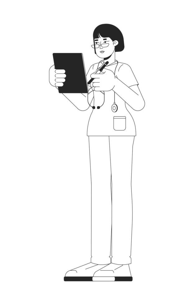 Korean female nurse in scrubs holding clipboard and pen black and white 2D line character. Healthcare worker reviewing patient chart isolated outline person. Monochromatic spot illustration vector