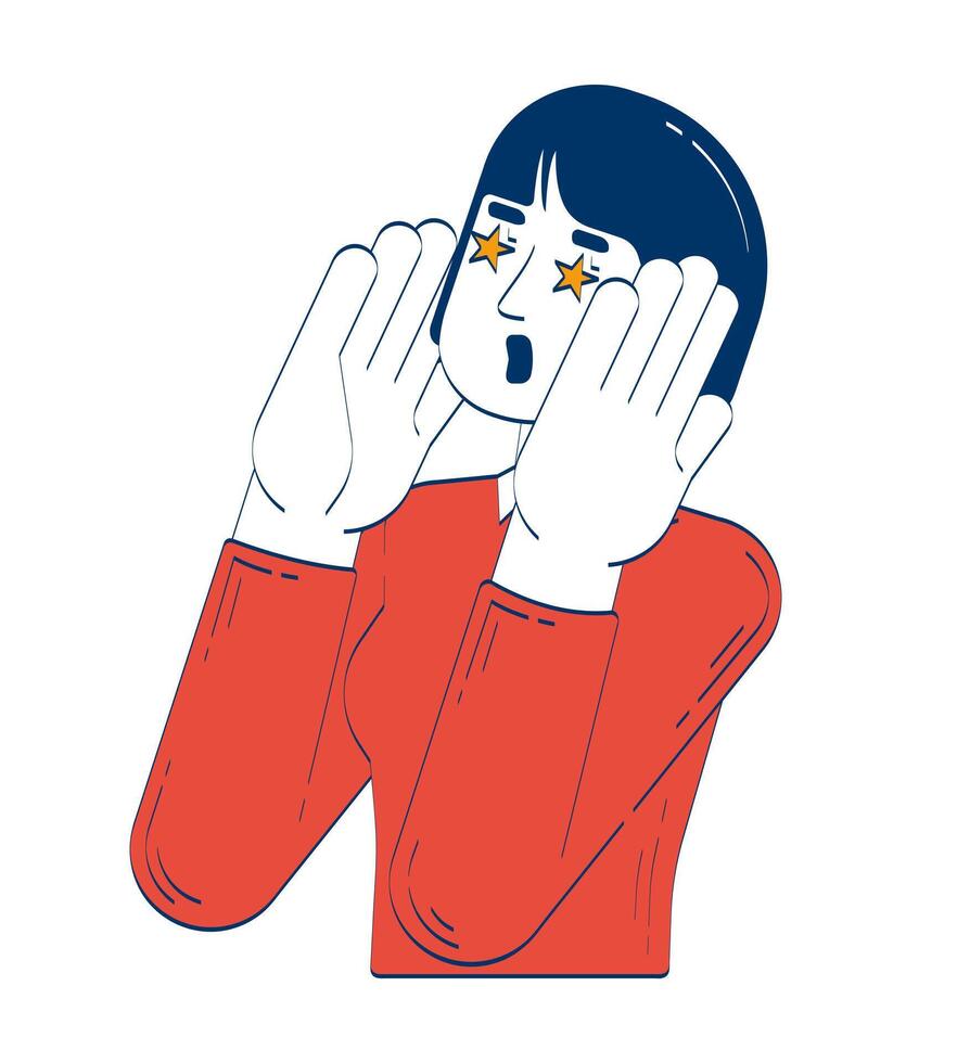 Excited asian woman with starry eyes 2D doodle character. Enthusiastic korean female hands raised near face cartoon person drawing isolated on white. Hand drawn illustration colorful vector