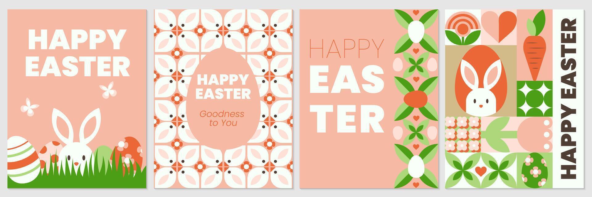 The set of Happy Easter geometric abstract posters, greeting cards, banners, holiday covers. The trendy design with bunny, Easter egg, flowers, simple forms, text. Neo geo art. vector