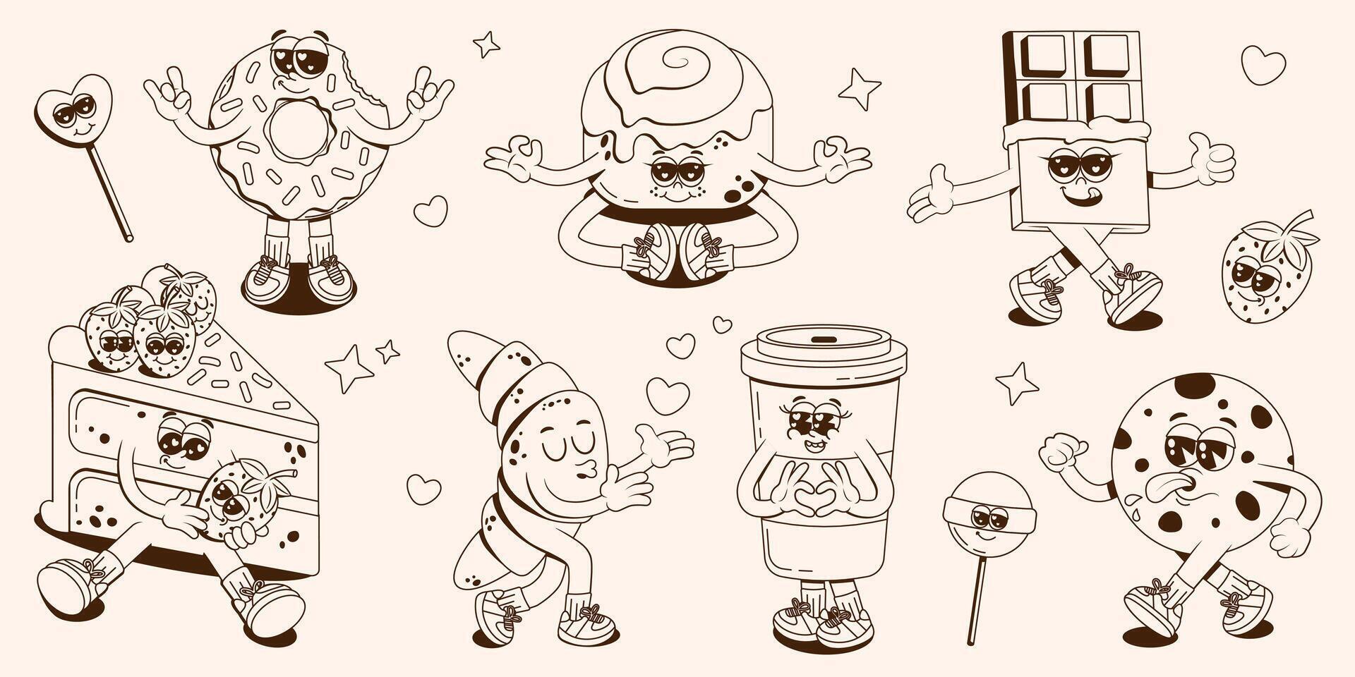 A collection of groovy cheerful desserts characters. Retro cartoon stickers or mascots for cafe. illustration with a donut, cake, chocolate, coffee, croissant and cookie in monochrome palette. vector