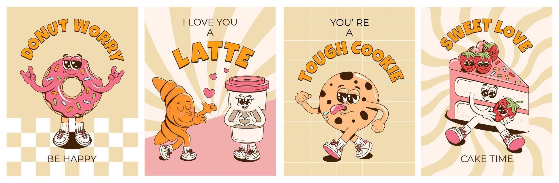 Posters set with retro groovy cheerful desserts characters. Retro cartoon branding mascots for cafe, restaurant, bar. Funky illustration with a donut, cake, cookie, coffee and croissant. vector