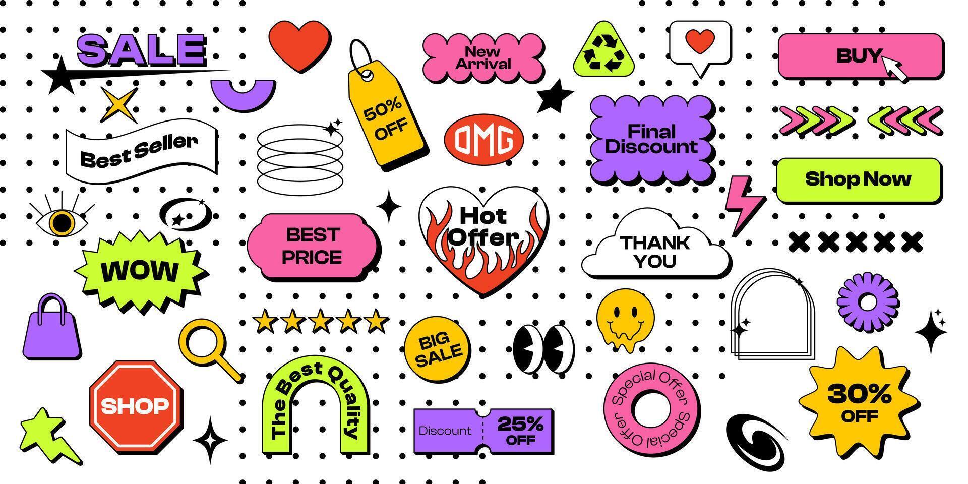 Set of trendy sale stickers and elements for business. Neobrutalism graphic shapes for a store sale, online promotion, social media posts, UI UX design. Modern Y2K elements with editable stroke vector