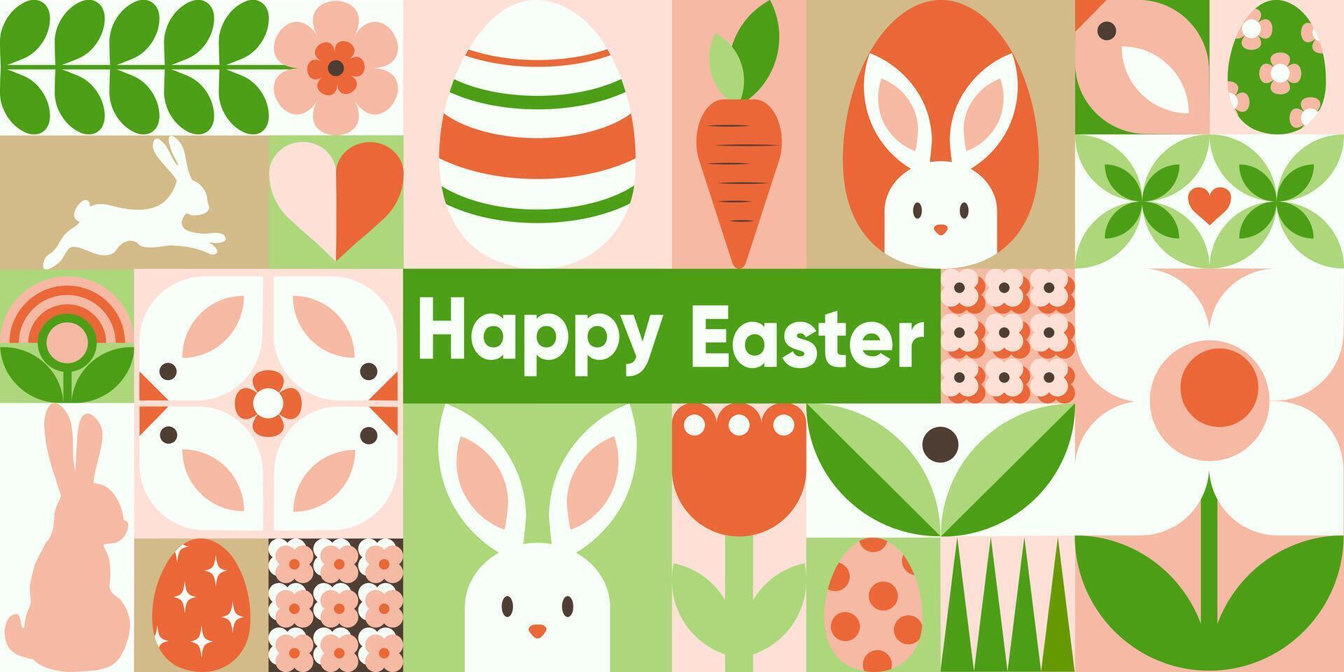 Geometric abstract seamless pattern for Happy Easter day poster, banner, wrapping, sale promotion template. Trendy illustration with bunny, Easter egg, flowers, simple forms, text. Neo geo art. vector