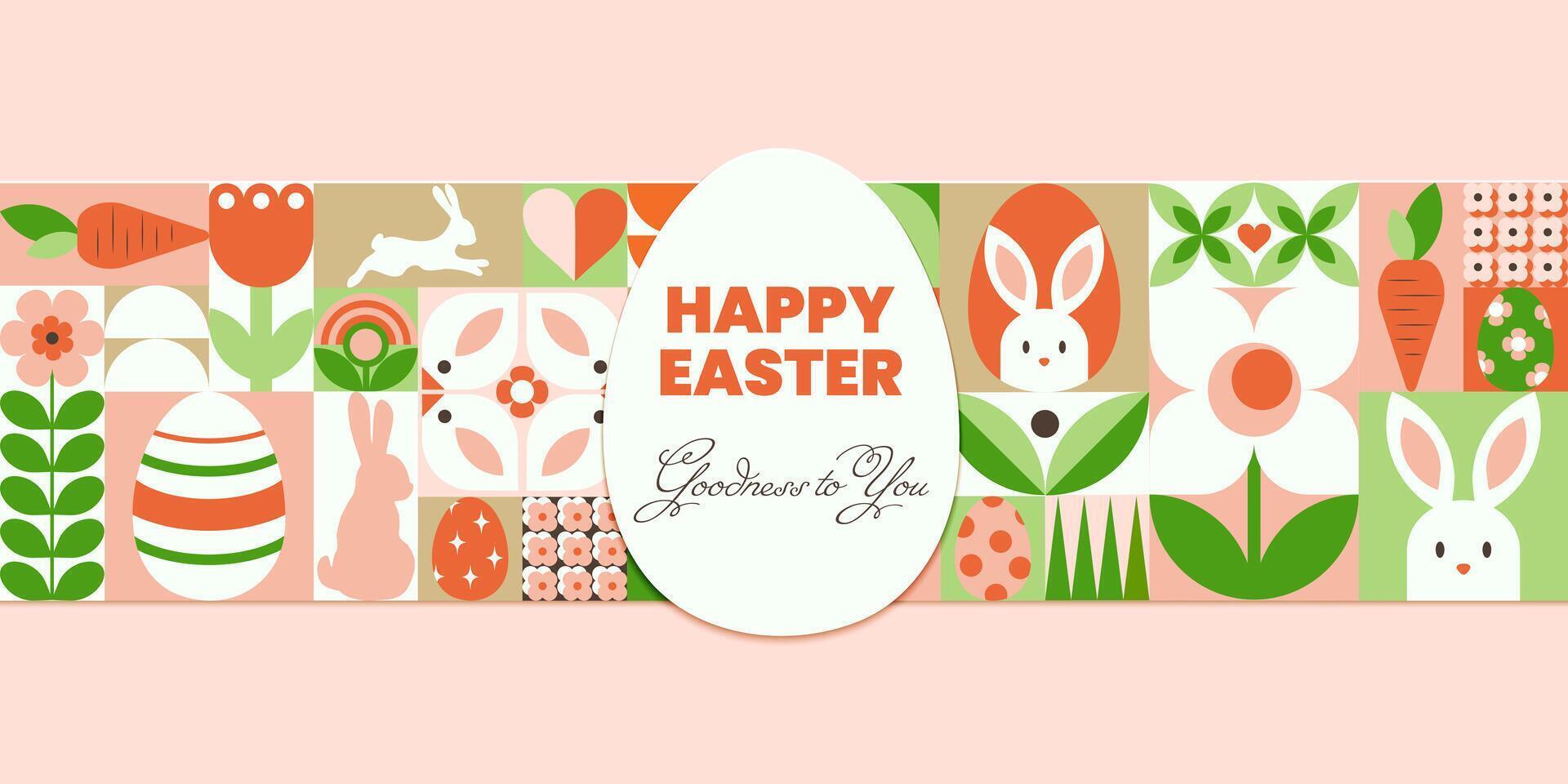Happy Easter day geometric abstract background with bunny, Easter egg, flowers, simple forms and text. Trendy horizontal illustration for banner, poster, cover,header of website. Neo geo art vector