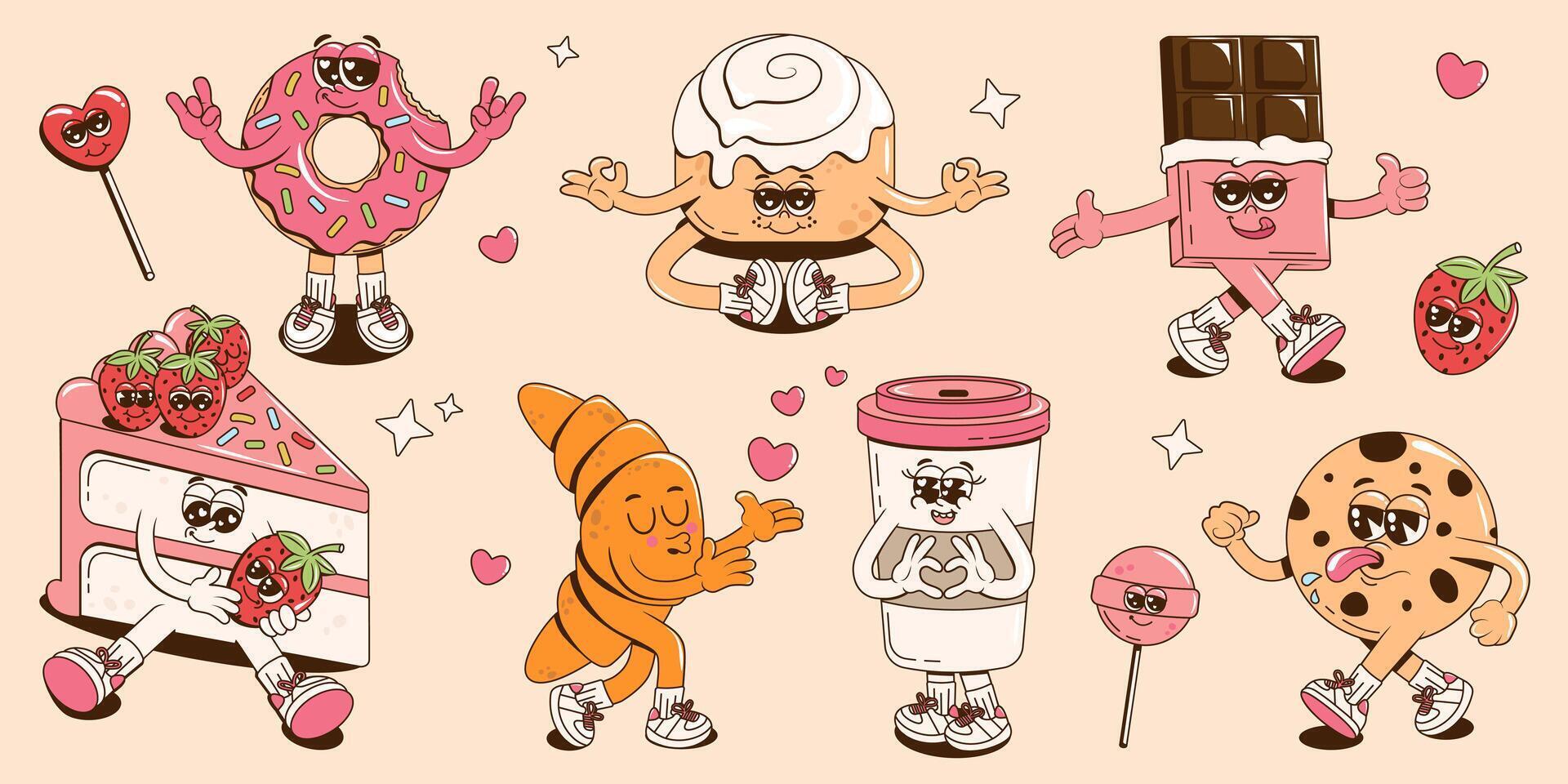 A collection of groovy cheerful desserts characters. Retro cartoon stickers, stamps, patches or mascots for cafe. Funky illustration with a donut, cake, chocolate, coffee, croissant and cookie. vector