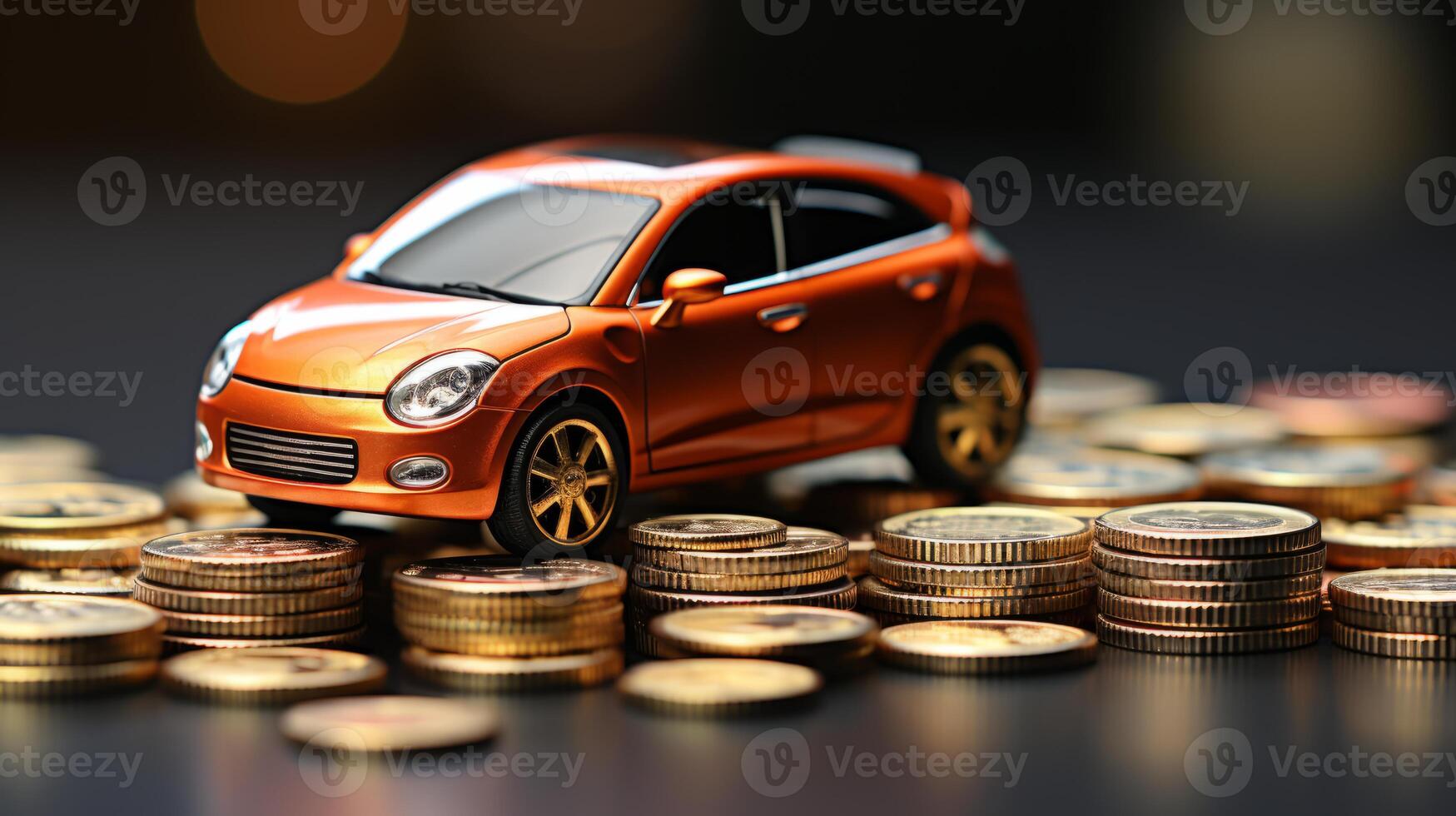 A small car sits on top of coins photo