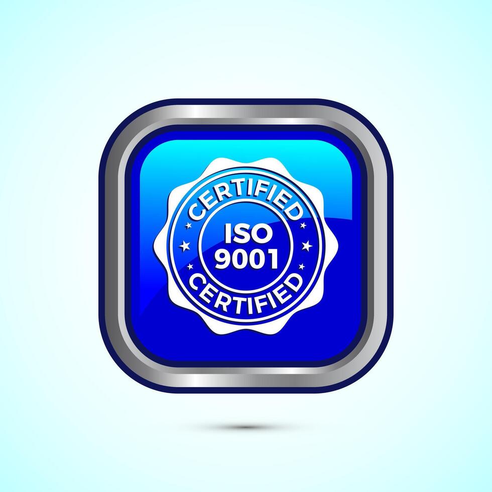 ISO 9001 certified icon design illustration, Standard quality label sign, symbol, Blue Color Square Button Design vector