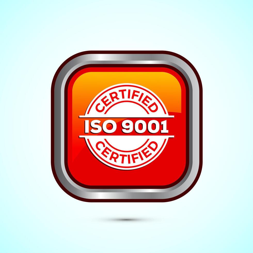 ISO 9001 certified icon design illustration, Standard quality label sign, symbol, Orange Color Square Button Design vector