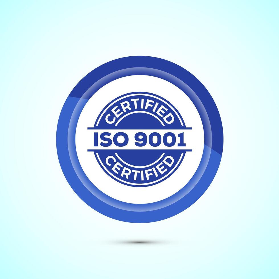 ISO 9001 certified icon design illustration, Standard quality label sign, symbol, Blue Color Button Design vector