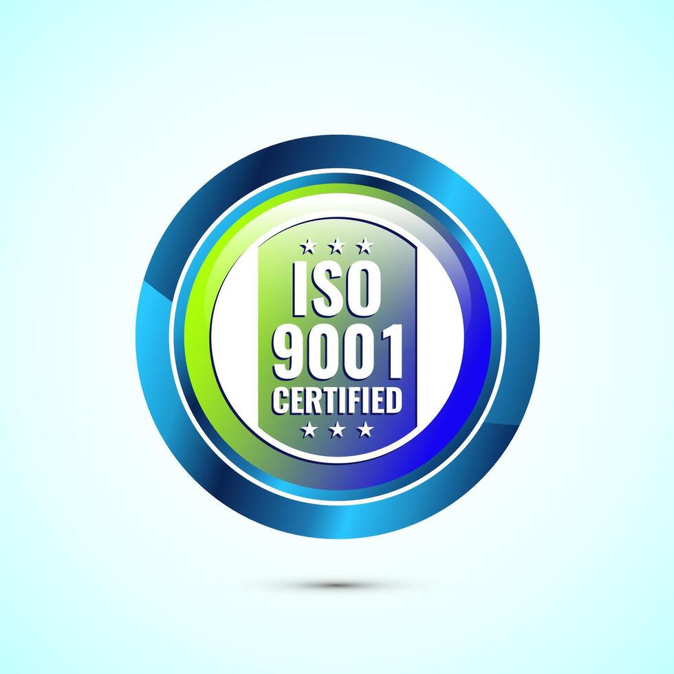 ISO 9001 certified icon design illustration, Standard quality label sign, symbol, Glossy Round Button Design vector
