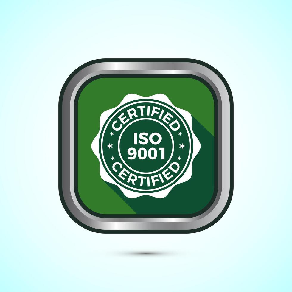 ISO 9001 certified icon design illustration, Standard quality label sign, symbol, Green Shadow Button Design vector