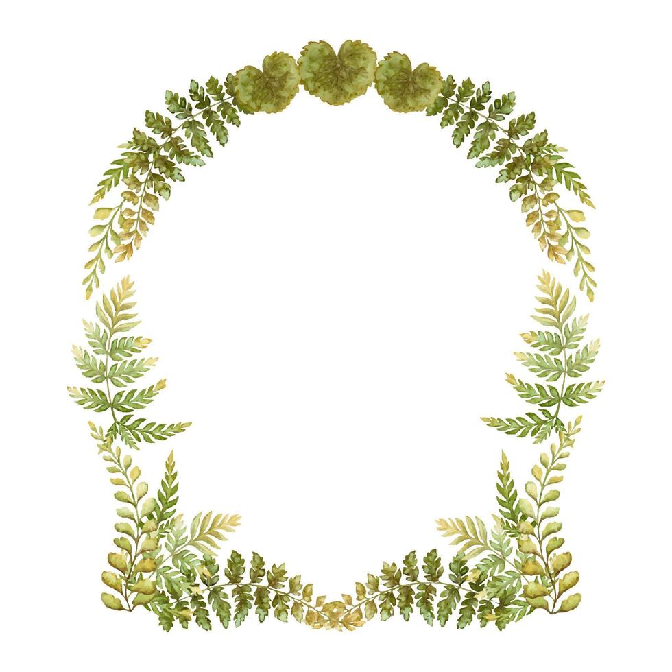 Arched wreath with fern leaves botanical card template in earth tone. Hand drawn watercolor elegant floral frame. Perfect for the use of ecological material and sustainable designs. vector