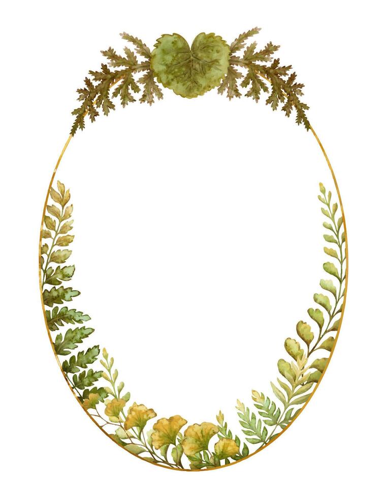 Oval frame with fern leaves botanical card template in earth tone. Hand drawn watercolor floral element with thin gold. Perfect for the use of ecological material and modern designs. vector