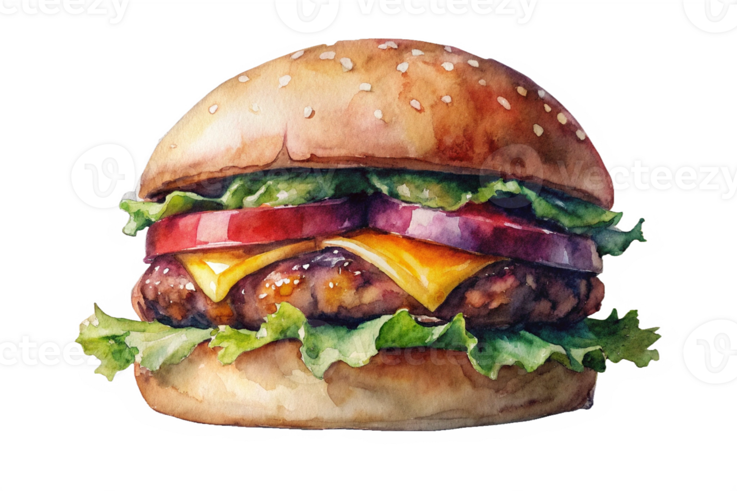 Delicious hamburger with tomato, cheese, patty and lettuce. Watercolor png